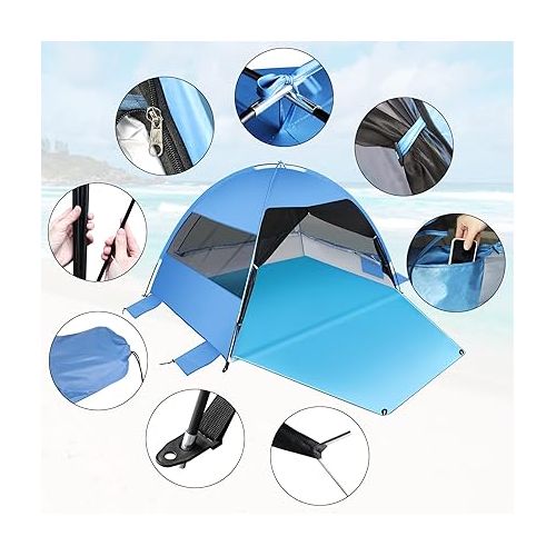  Large Easy Setup Beach Tent,Anti-UV Shelter Canopy Sun Shade with Extended Floor & 3 Mesh Roll Up Windows Fits 3-4 Person,Portable Shade Tent for Outdoor Camping Fishing (Blue)