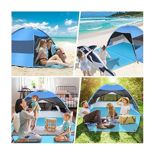  Large Easy Setup Beach Tent,Anti-UV Shelter Canopy Sun Shade with Extended Floor & 3 Mesh Roll Up Windows Fits 3-4 Person,Portable Shade Tent for Outdoor Camping Fishing (Blue)