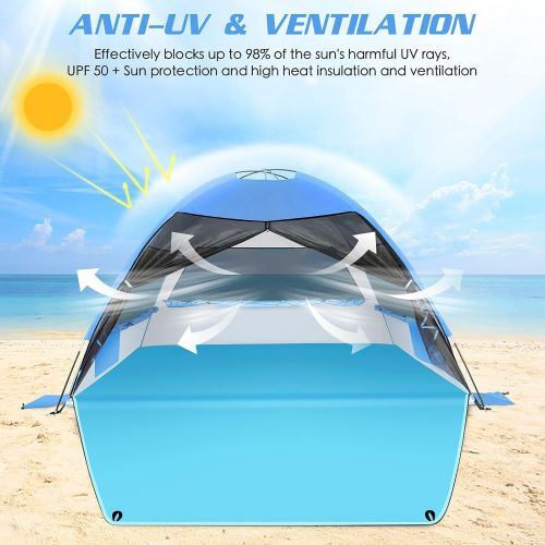  LetsFunny Large Easy Setup Beach Tent,Anti-UV Beach Shade Shelter Beach Canopy Tent Sun Shade with Extended Floor & 3 Mesh Roll Up Windows Fits 3-4 Person,Portable Shade Tent for Outdoor Cam