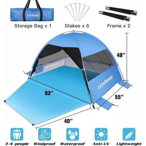  LetsFunny Large Easy Setup Beach Tent,Anti-UV Beach Shade Shelter Beach Canopy Tent Sun Shade with Extended Floor & 3 Mesh Roll Up Windows Fits 3-4 Person,Portable Shade Tent for Outdoor Cam