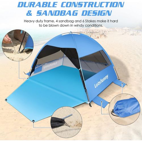  LetsFunny Large Easy Setup Beach Tent,Anti-UV Beach Shade Shelter Beach Canopy Tent Sun Shade with Extended Floor & 3 Mesh Roll Up Windows Fits 3-4 Person,Portable Shade Tent for Outdoor Cam