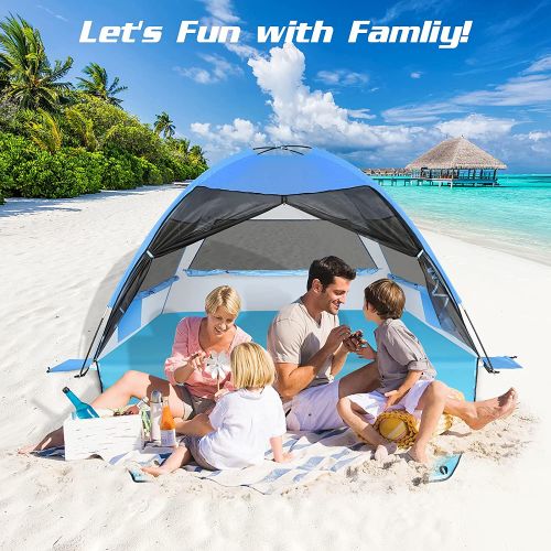  LetsFunny Large Easy Setup Beach Tent,Anti-UV Beach Shade Shelter Beach Canopy Tent Sun Shade with Extended Floor & 3 Mesh Roll Up Windows Fits 3-4 Person,Portable Shade Tent for Outdoor Cam