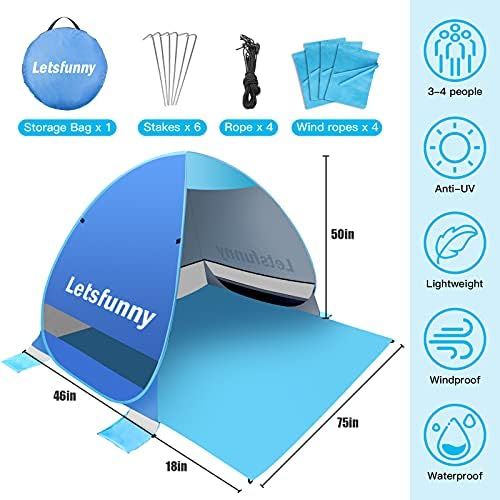  LetsFunny Large Pop up Beach Tent Sun Shade Shelter, UPF 50+ Pop-up 3-4 Person Outdoor Beach Tents Shelter Automatic Portable Sport Sun Umbrella Anti UV Baby Tent,Suitable for Fami