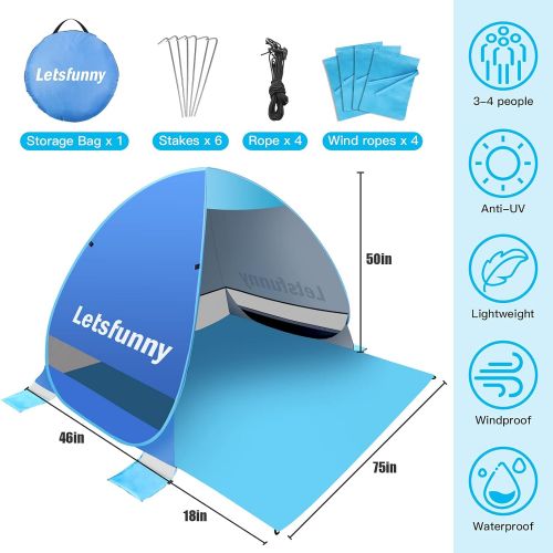  LetsFunny Large Pop up Beach Tent Sun Shade Shelter, UPF 50+ Pop-up 3-4 Person Outdoor Beach Tents Shelter Automatic Portable Sport Sun Umbrella Anti UV Baby Tent,Suitable for Fami