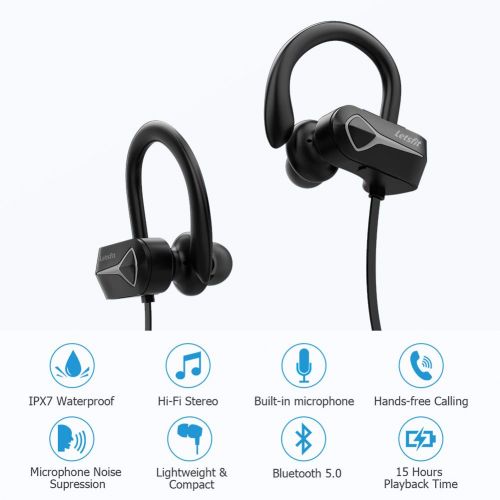  Bluetooth Headphones, Letsfit Wireless Headphones IPX7 Waterproof 15-Hour Playtime, Noise Cancelling HiFi Stereo Headset, Wireless Running Headphones Bluetooth Earbuds for Sports,