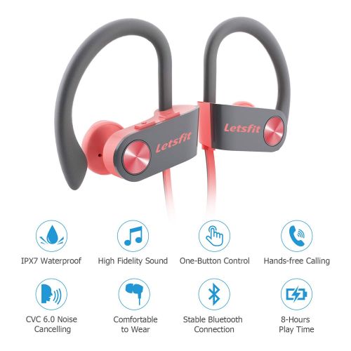  Bluetooth Headphones, Letsfit Wireless Headphones, IPX7 Waterproof Sports Earphones Gym Running, HD Stereo Headset w/Mic, 8 Hours Battery Noise Cancelling Bluetooth Earbuds