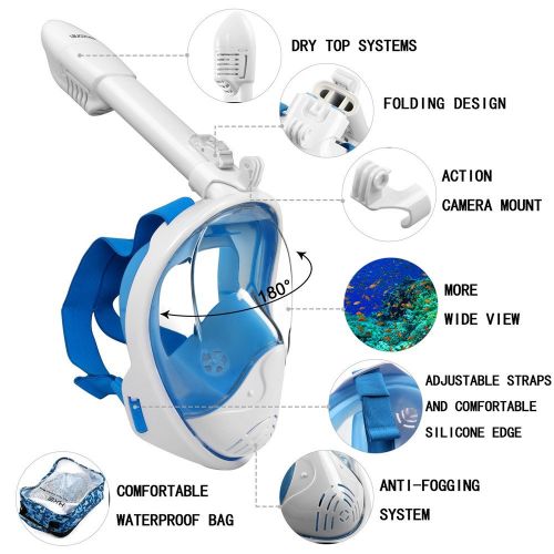  Leucothea 2018 Neue Version Faltbare Schnorchelmaske Vollgesichtsmaske mit abnehmbarer Kamerahalterung und Ohrstoepsel Inklusive Camouflage-Aufbewahrungstasche 180 ° Panoramascheib