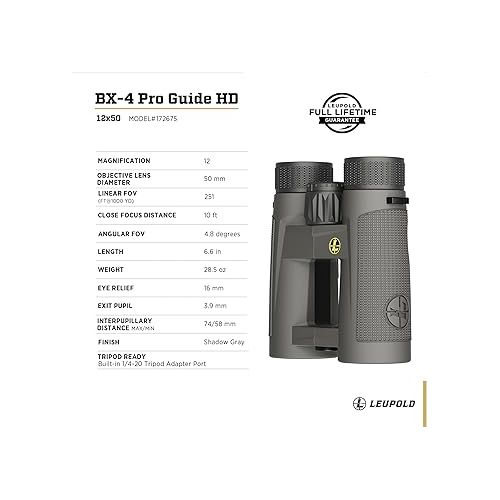  Leupold BX-4 Pro Guide HD Binoculars, 12x50mm, Shadow Gray (172675)