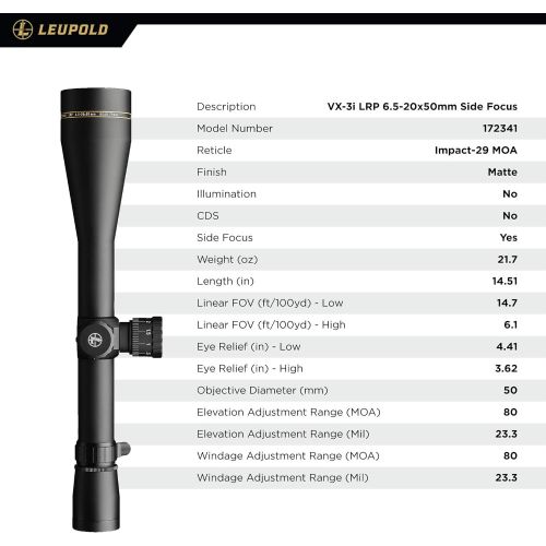  Leupold VX-3I LRP Side Focus Gun Scope, Matte Black, 6.5-20 x 50mm x 30mm