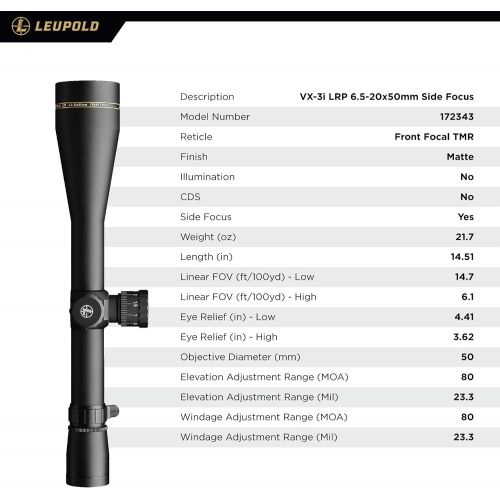  Leupold VX-3I LRP Side Focus Gun Scope, Matte Black, 6.5-20 x 50mm x 30mm
