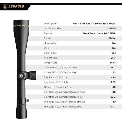  Leupold VX-3I LRP Side Focus Gun Scope, Matte Black, 6.5-20 x 50mm x 30mm