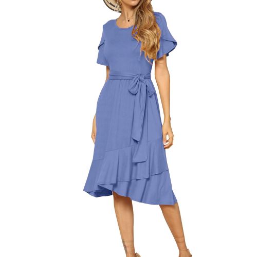  Levaca levaca Womens Plain Casual Flowy Short Sleeve Midi Dress with Belt