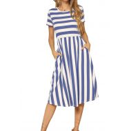 Levaca levaca Womens Casual Short Sleeve Striped Swing Midi Dress with Pockets