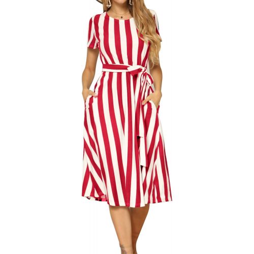 [아마존 핫딜] [아마존핫딜]Levaca levaca Womens Short Sleeve Striped Casual Flowy Midi Belt Dress with Pockets