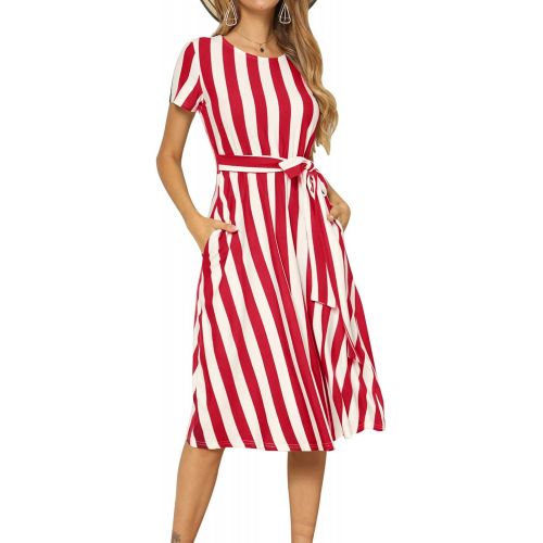  [아마존 핫딜] [아마존핫딜]Levaca levaca Womens Short Sleeve Striped Casual Flowy Midi Belt Dress with Pockets