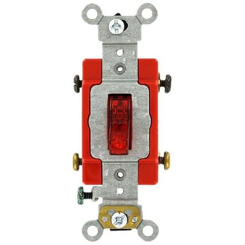  Leviton 1222-7PR 20 Amp, 277 Volt, Toggle Pilot Light, Neutral Double-Pole AC Quiet Switch, Extra Heavy Duty Spec Grade, Self Grounding, Back and Side Wired, Red
