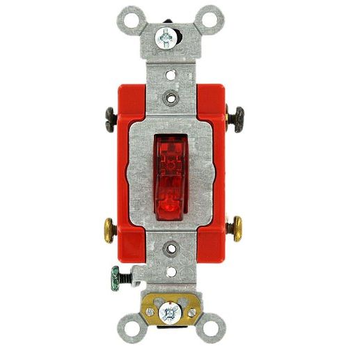  Leviton 1222-7PR 20 Amp, 277 Volt, Toggle Pilot Light, Neutral Double-Pole AC Quiet Switch, Extra Heavy Duty Spec Grade, Self Grounding, Back and Side Wired, Red