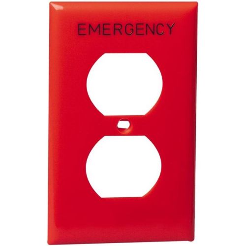  Leviton 80703-RE 1-Gang Duplex Device Receptacle Wallplate, Standard Size, Thermoplastic Nylon, Device Mount, Hot Stamped Emergency, Red, 10-Pack