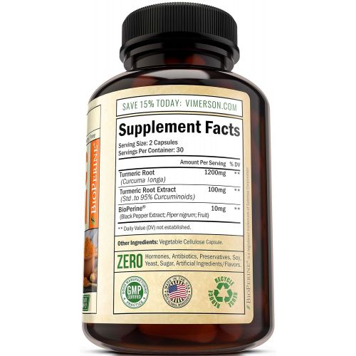  Vimerson Health Turmeric Curcumin with Bioperine Joint Pain Relief - Anti-Inflammatory, Antioxidant Supplement with 10mg of Black Pepper for Better Absorption. 100% All Natural Non-Gmo Made in USA