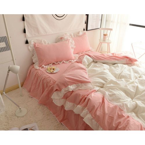  Levtex PPMM Princess Lace Ruffles Cotton Bed Sheet Set Bedding for Girls (Pink, Twin)