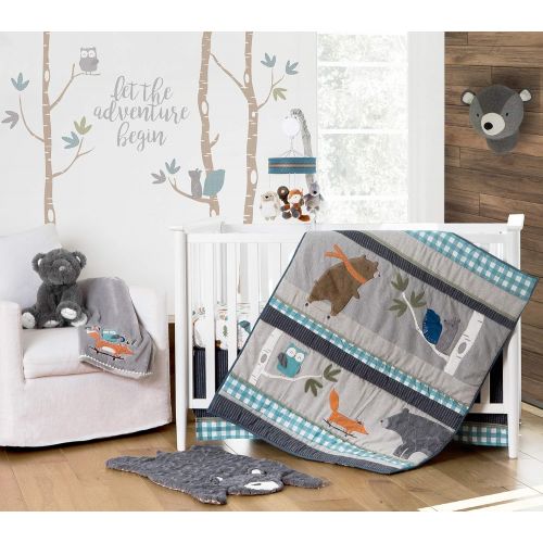  Levtex Baby Play Day Teal Plaid 5-Piece Crib Bedding Set, NavyGreenGreyBrownWhite