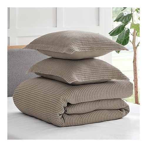  Levtex Home - Mills Waffle Beige Fawn Duvet Cover Set - Full/Queen Duvet Cover + Two Standard Pillow Cases - Beige Fawn Waffle Weave - Duvet Cover (90 x 94in.) and Pillow Case (26 x 20in.) - Cotton