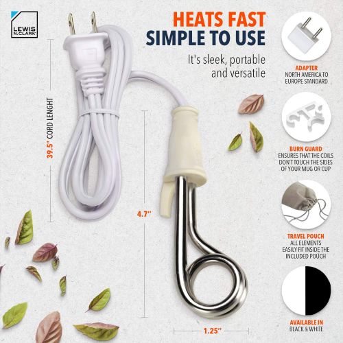  Lewis N. Clark Lewis N. Portable Immersion Water Heater + Electric Kettle Alternative for Coffee, Tea + Hot Chocolate, Camping, Travel + Office w/Travel Adapter, White, 120/240v