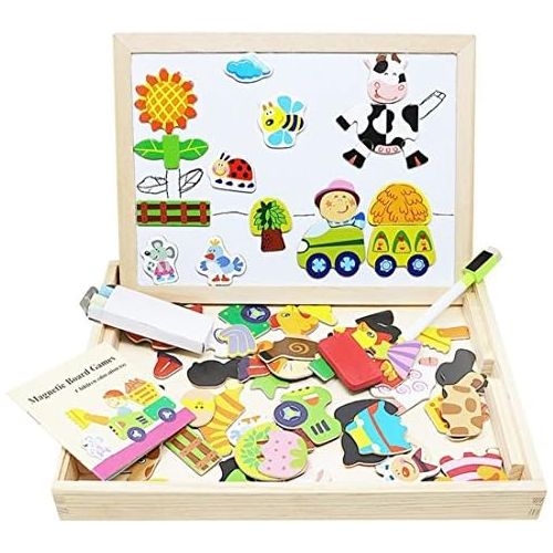  [아마존베스트]Lewo Wooden Kids Educational Toys Magnetic Easel Double Side Dry Erase Board Puzzles Games for Boys Girls