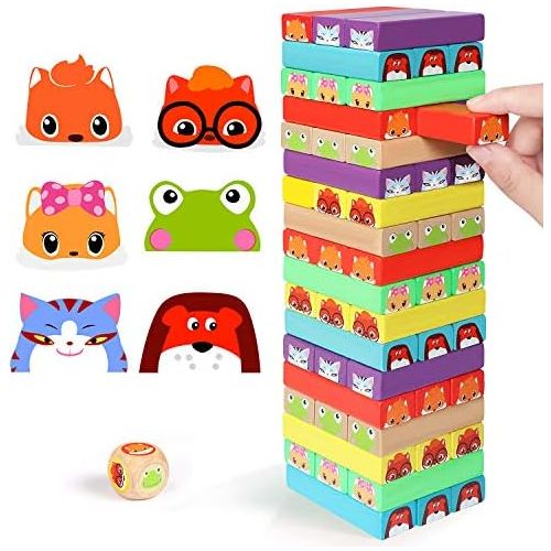  [아마존베스트]Lewo Colored Stacking Game Wooden Building BlocksTower Board Games for Kids Adults 54 Pieces (Colorful Stacking Gane)