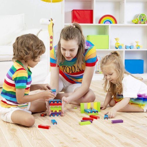  [아마존베스트]Lewo Colored Stacking Game Wooden Building BlocksTower Board Games for Kids Adults 54 Pieces (Colorful Stacking Gane)