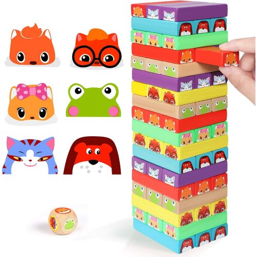  [아마존베스트]Lewo Colored Stacking Game Wooden Building BlocksTower Board Games for Kids Adults 54 Pieces (Colorful Stacking Gane)