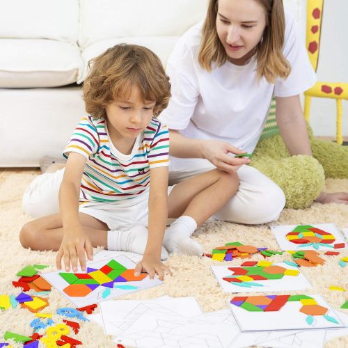  [아마존 핫딜]  [아마존핫딜]Lewo 203 Stuecke Holzpuzzle Tangram Geometrische Formen Puzzle Lernspielzeug fuer Kinder mit 15 Doppelseitigen Musterkarten