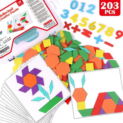  [아마존 핫딜]  [아마존핫딜]Lewo 203 Stuecke Holzpuzzle Tangram Geometrische Formen Puzzle Lernspielzeug fuer Kinder mit 15 Doppelseitigen Musterkarten