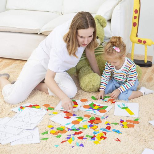  [아마존 핫딜]  [아마존핫딜]Lewo 203 Stuecke Holzpuzzle Tangram Geometrische Formen Puzzle Lernspielzeug fuer Kinder mit 15 Doppelseitigen Musterkarten