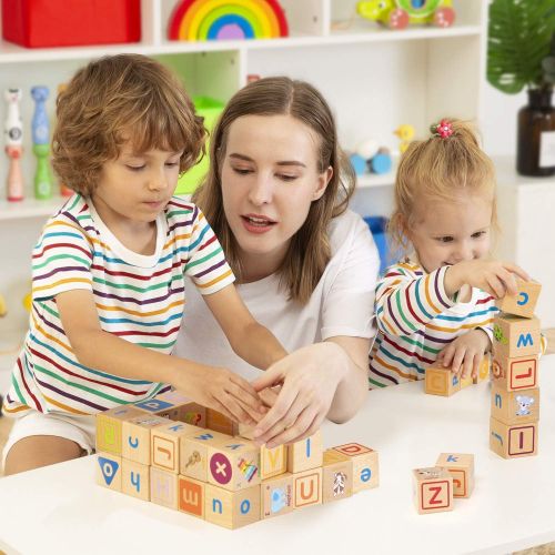  Lewo Wooden ABC Blocks Building Games Extra-Large 26 PCS Alphabet Letters Block Set Montessori Educational Toys for Kids Toddlers