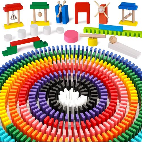  Lewo 1000 PCS Dominoes Set for Kids Wooden Building Blocks Bulk Dominoes Racing Tile Games with Extra 11 Add-on Blocks and Storage Bag