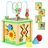 Lewo Wooden Activity Cube Bead Maze Shapes Sorter Educational Toys for Toddler Kids