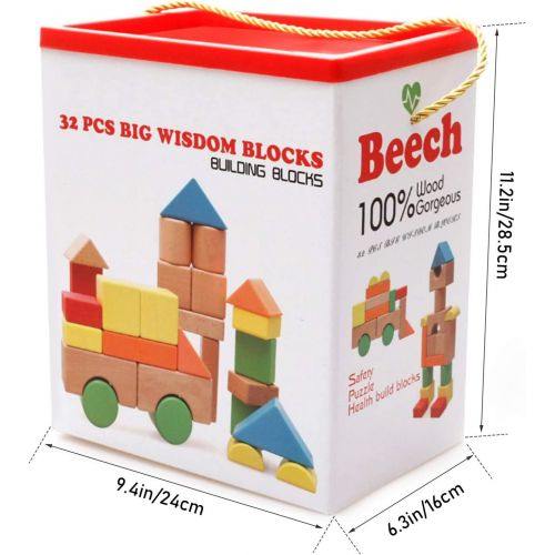  Lewo Large Wooden Blocks Construction Building Toys Set Stacking Bricks Board Games 32 Pieces