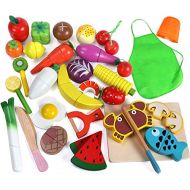 Lewo 33 Pcs Play Food Toys Cutting Fruit Vegetables Set Magnetic Wooden Cooking Food Pretend Play Kitchen Kits Early Educational Toys for Toddlers Boys Girls Kids