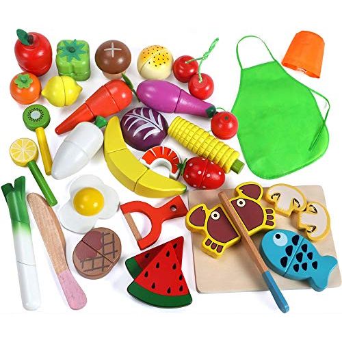  Lewo 33 Pcs Play Food Toys Cutting Fruit Vegetables Set Magnetic Wooden Cooking Food Pretend Play Kitchen Kits Early Educational Toys for Toddlers Boys Girls Kids