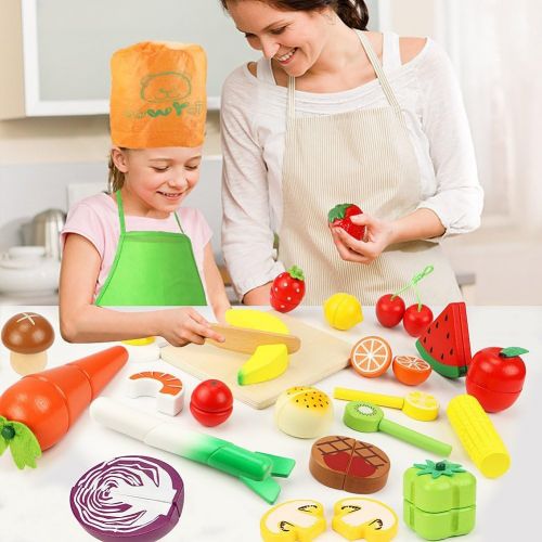  Lewo 33 Pcs Play Food Toys Cutting Fruit Vegetables Set Magnetic Wooden Cooking Food Pretend Play Kitchen Kits Early Educational Toys for Toddlers Boys Girls Kids