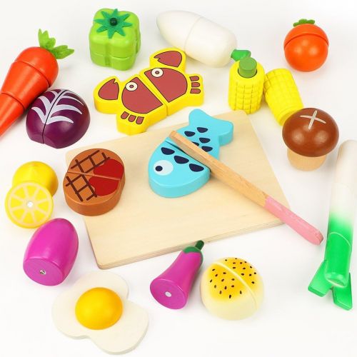  Lewo 33 Pcs Play Food Toys Cutting Fruit Vegetables Set Magnetic Wooden Cooking Food Pretend Play Kitchen Kits Early Educational Toys for Toddlers Boys Girls Kids