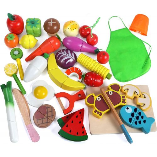  Lewo 33 Pcs Play Food Toys Cutting Fruit Vegetables Set Magnetic Wooden Cooking Food Pretend Play Kitchen Kits Early Educational Toys for Toddlers Boys Girls Kids