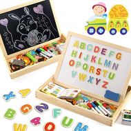 Lewo Wooden Large Educational Toys Magnetic Letters Numbers Animals Learning Puzzle Games Drawing Board with Writing Drawing Doodle Side Dry Erase Board for Kids (Puzzle Game)