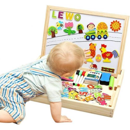  Lewo Wooden Large Educational Toys Magnetic Letters Numbers Animals Learning Puzzle Games Drawing Board with Writing Drawing Doodle Side Dry Erase Board for Kids (Puzzle Game)