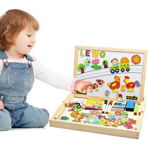  Lewo Wooden Large Educational Toys Magnetic Letters Numbers Animals Learning Puzzle Games Drawing Board with Writing Drawing Doodle Side Dry Erase Board for Kids (Puzzle Game)