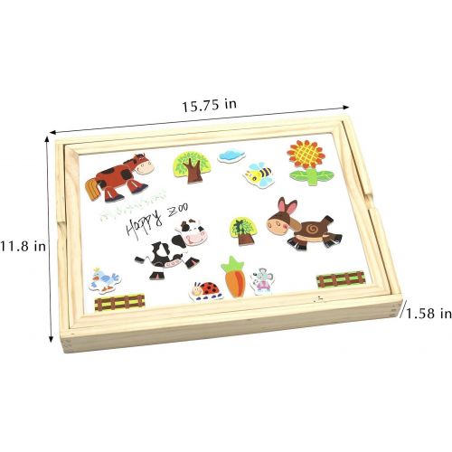  Lewo Wooden Large Educational Toys Magnetic Letters Numbers Animals Learning Puzzle Games Drawing Board with Writing Drawing Doodle Side Dry Erase Board for Kids (Puzzle Game)