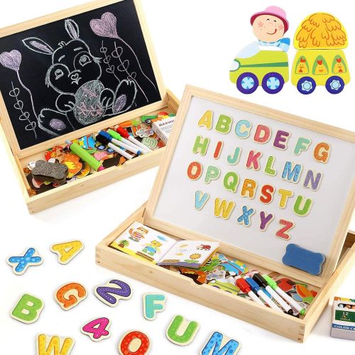  Lewo Wooden Large Educational Toys Magnetic Letters Numbers Animals Learning Puzzle Games Drawing Board with Writing Drawing Doodle Side Dry Erase Board for Kids (Puzzle Game)
