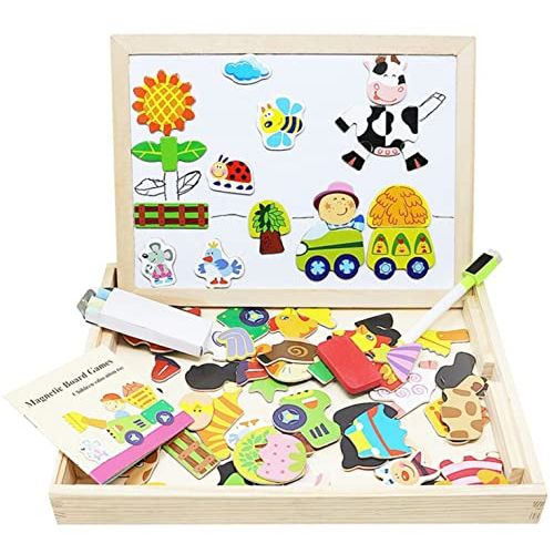  [아마존베스트]Lewo Wooden Kids Educational Toys Magnetic Easel Double Side Dry Erase Board Puzzles Games for Boys Girls