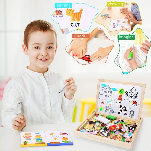  [아마존베스트]Lewo Wooden Kids Educational Toys Magnetic Easel Double Side Dry Erase Board Puzzles Games for Boys Girls